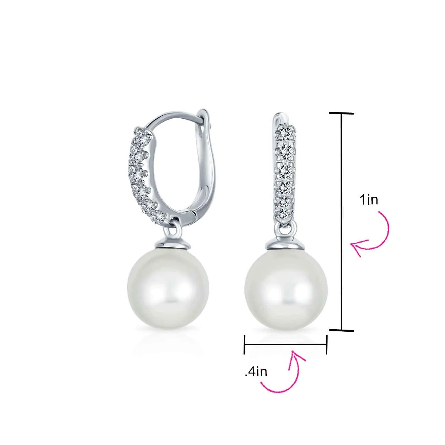 Bridal Imitation Pearl Drop Ball Hoop Pave Huggie Earrings .925 Silver