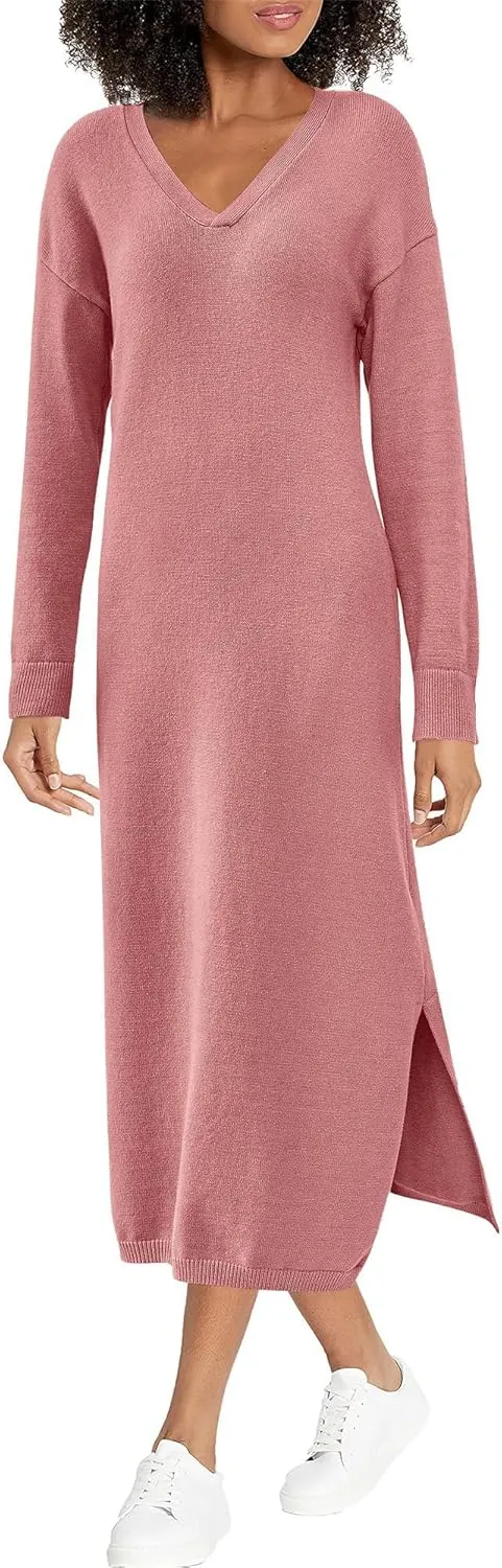 BTFBM Women Fall Sweater Dress Casual V Neck Long Sleeve Slit Knit Oversized Maternity Sweaters Maxi Dresses 2025 Winter