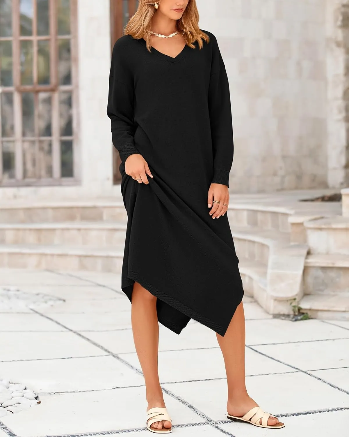 BTFBM Women Fall Sweater Dress Casual V Neck Long Sleeve Slit Knit Oversized Maternity Sweaters Maxi Dresses 2025 Winter
