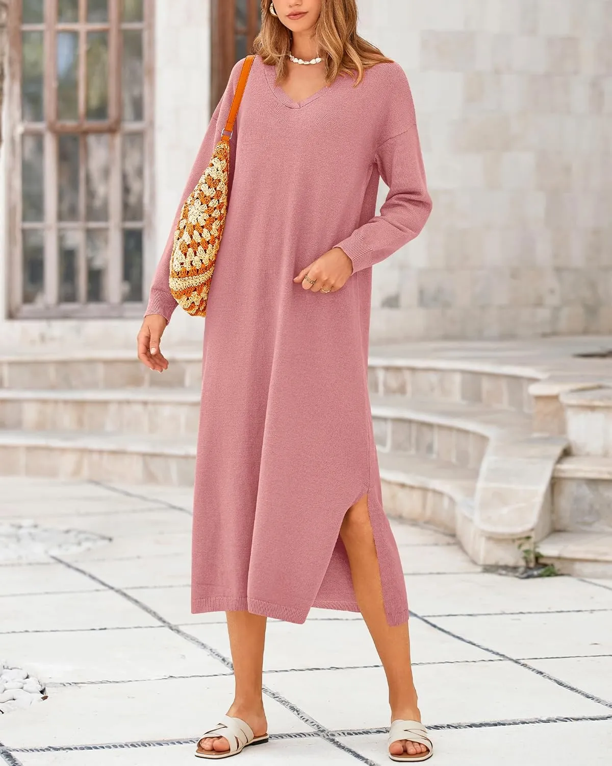 BTFBM Women Fall Sweater Dress Casual V Neck Long Sleeve Slit Knit Oversized Maternity Sweaters Maxi Dresses 2025 Winter
