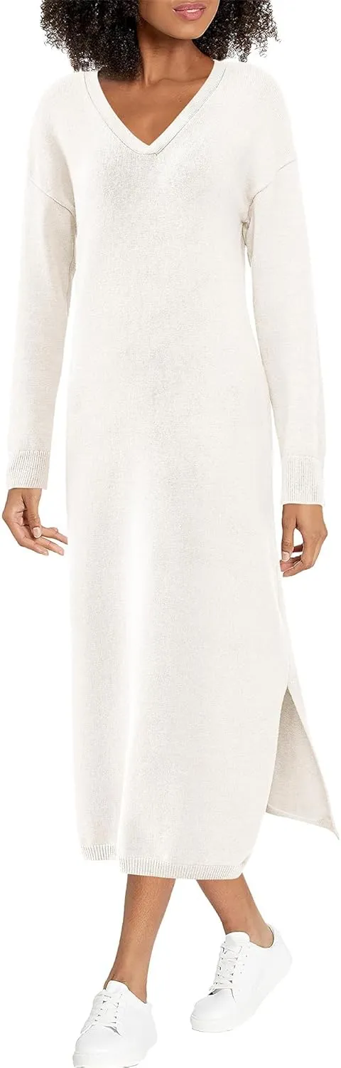 BTFBM Women Fall Sweater Dress Casual V Neck Long Sleeve Slit Knit Oversized Maternity Sweaters Maxi Dresses 2025 Winter