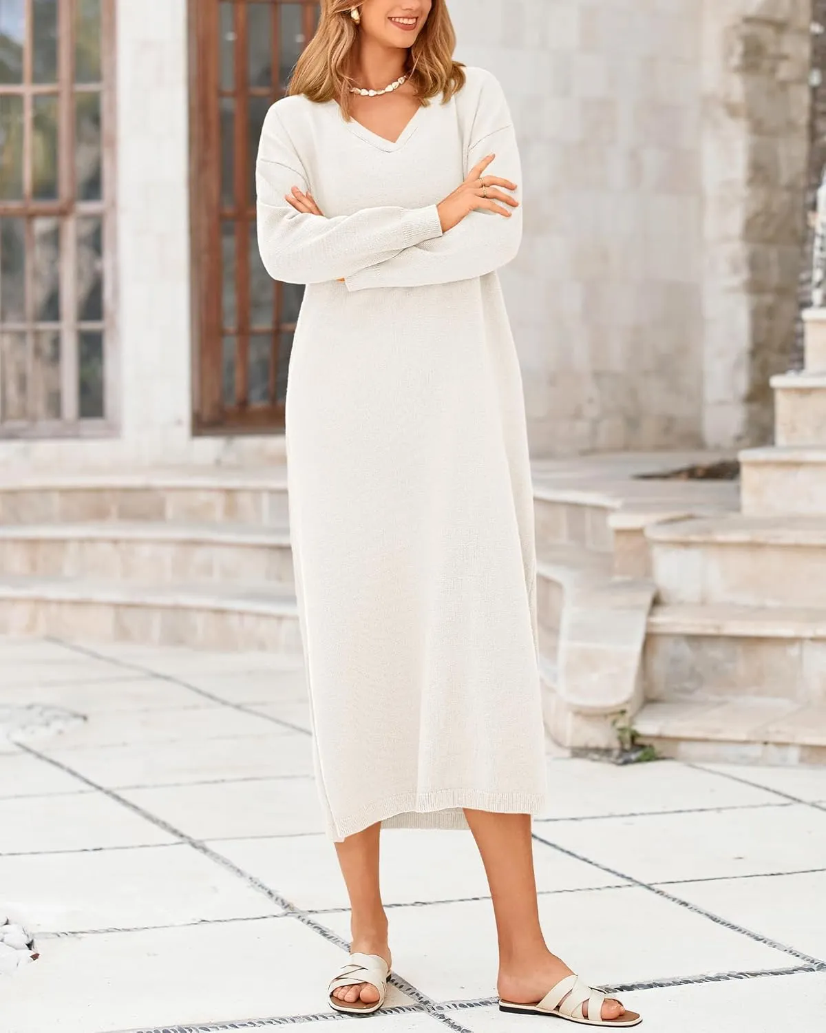BTFBM Women Fall Sweater Dress Casual V Neck Long Sleeve Slit Knit Oversized Maternity Sweaters Maxi Dresses 2025 Winter