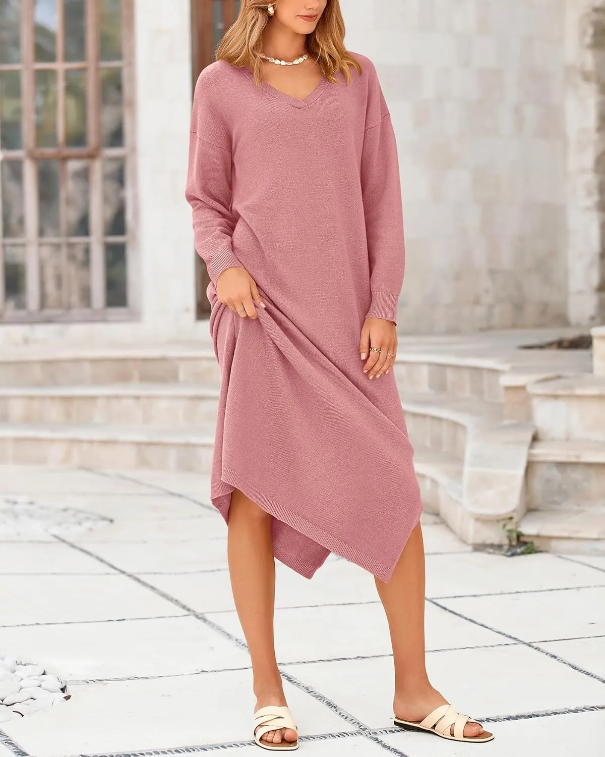 BTFBM Women Fall Sweater Dress Casual V Neck Long Sleeve Slit Knit Oversized Maternity Sweaters Maxi Dresses 2025 Winter