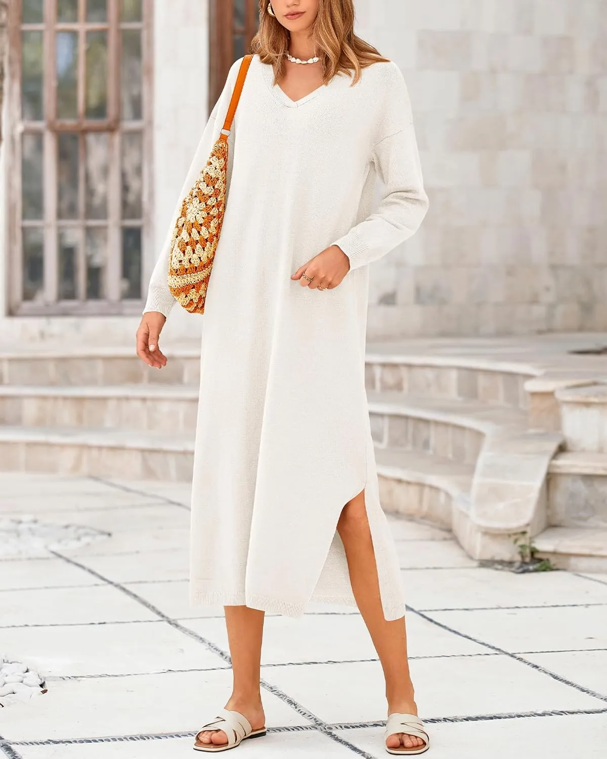 BTFBM Women Fall Sweater Dress Casual V Neck Long Sleeve Slit Knit Oversized Maternity Sweaters Maxi Dresses 2025 Winter