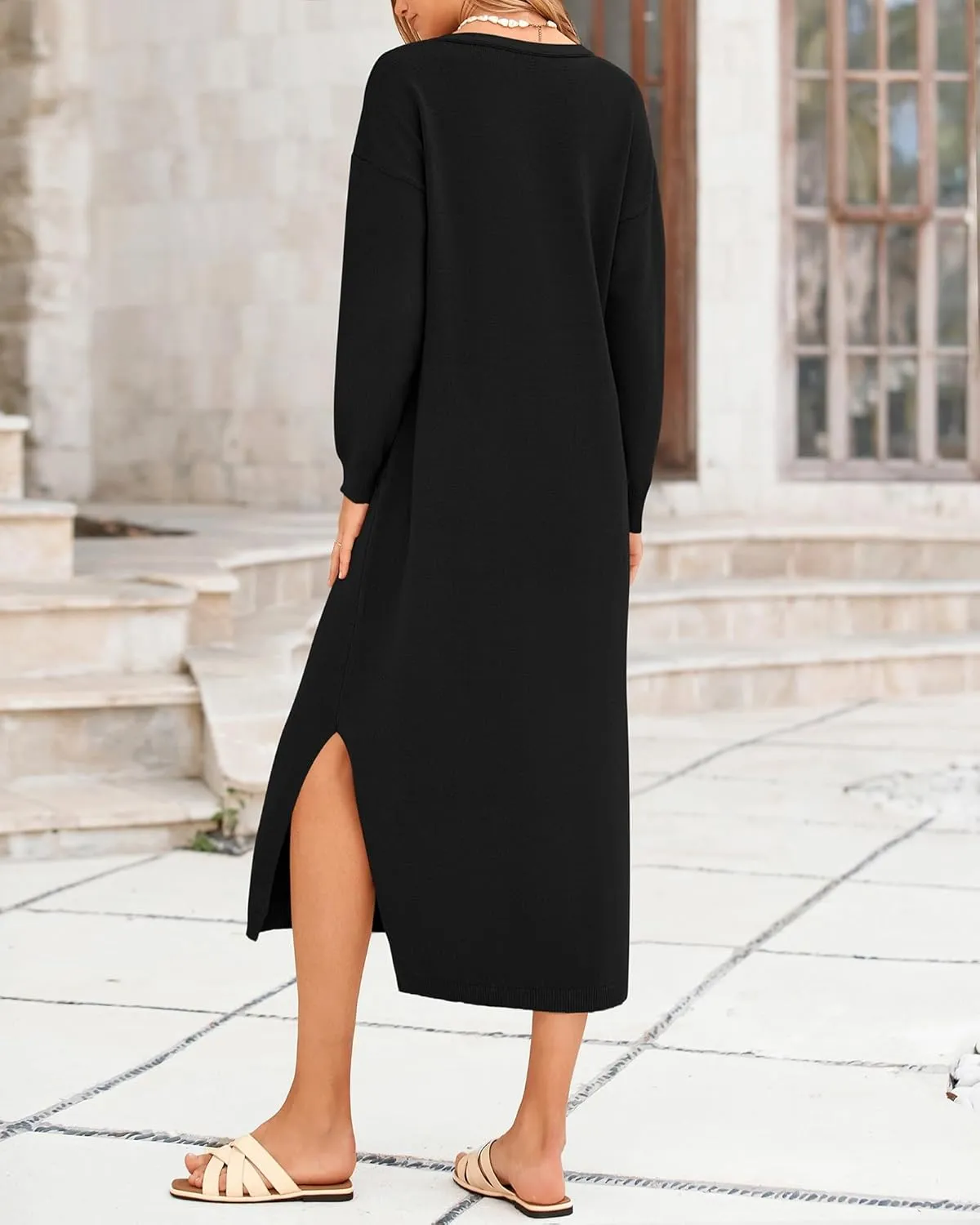 BTFBM Women Fall Sweater Dress Casual V Neck Long Sleeve Slit Knit Oversized Maternity Sweaters Maxi Dresses 2025 Winter
