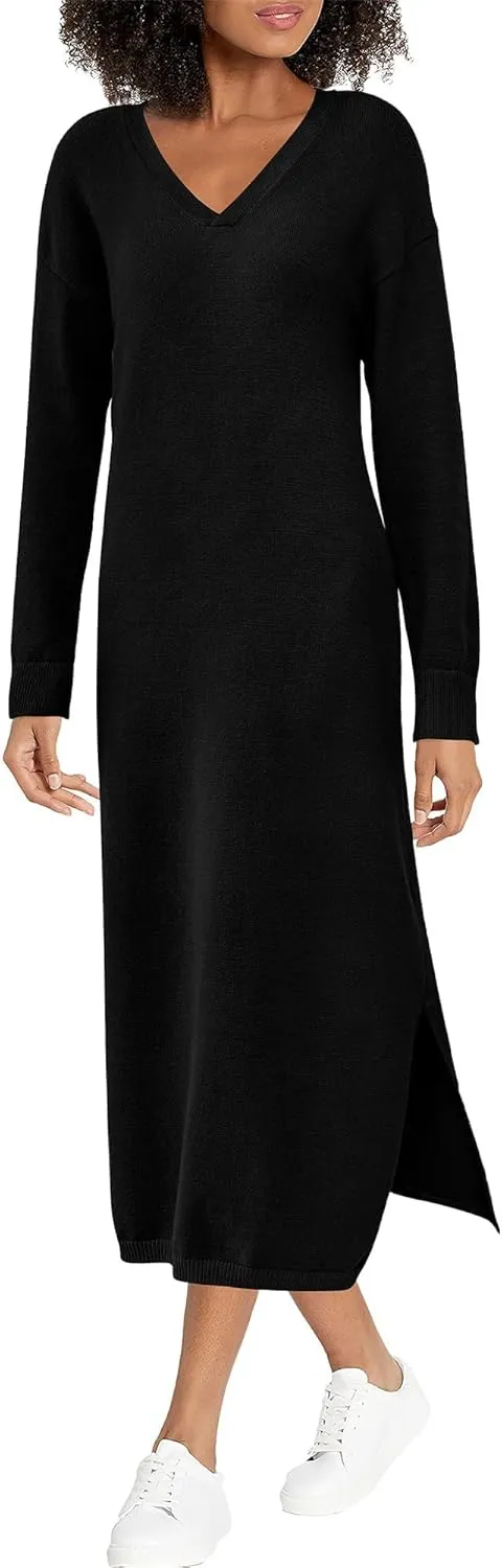 BTFBM Women Fall Sweater Dress Casual V Neck Long Sleeve Slit Knit Oversized Maternity Sweaters Maxi Dresses 2025 Winter