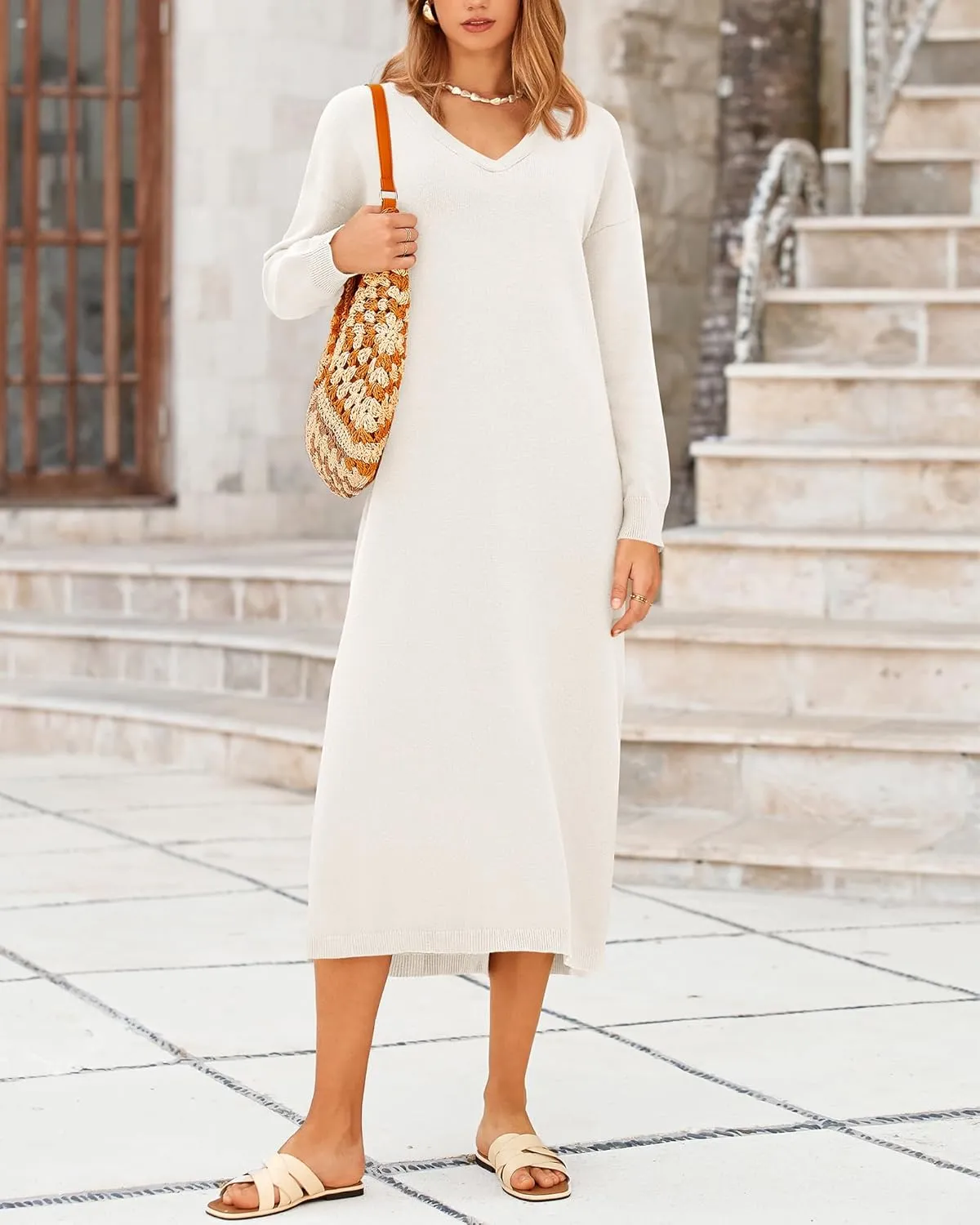 BTFBM Women Fall Sweater Dress Casual V Neck Long Sleeve Slit Knit Oversized Maternity Sweaters Maxi Dresses 2025 Winter