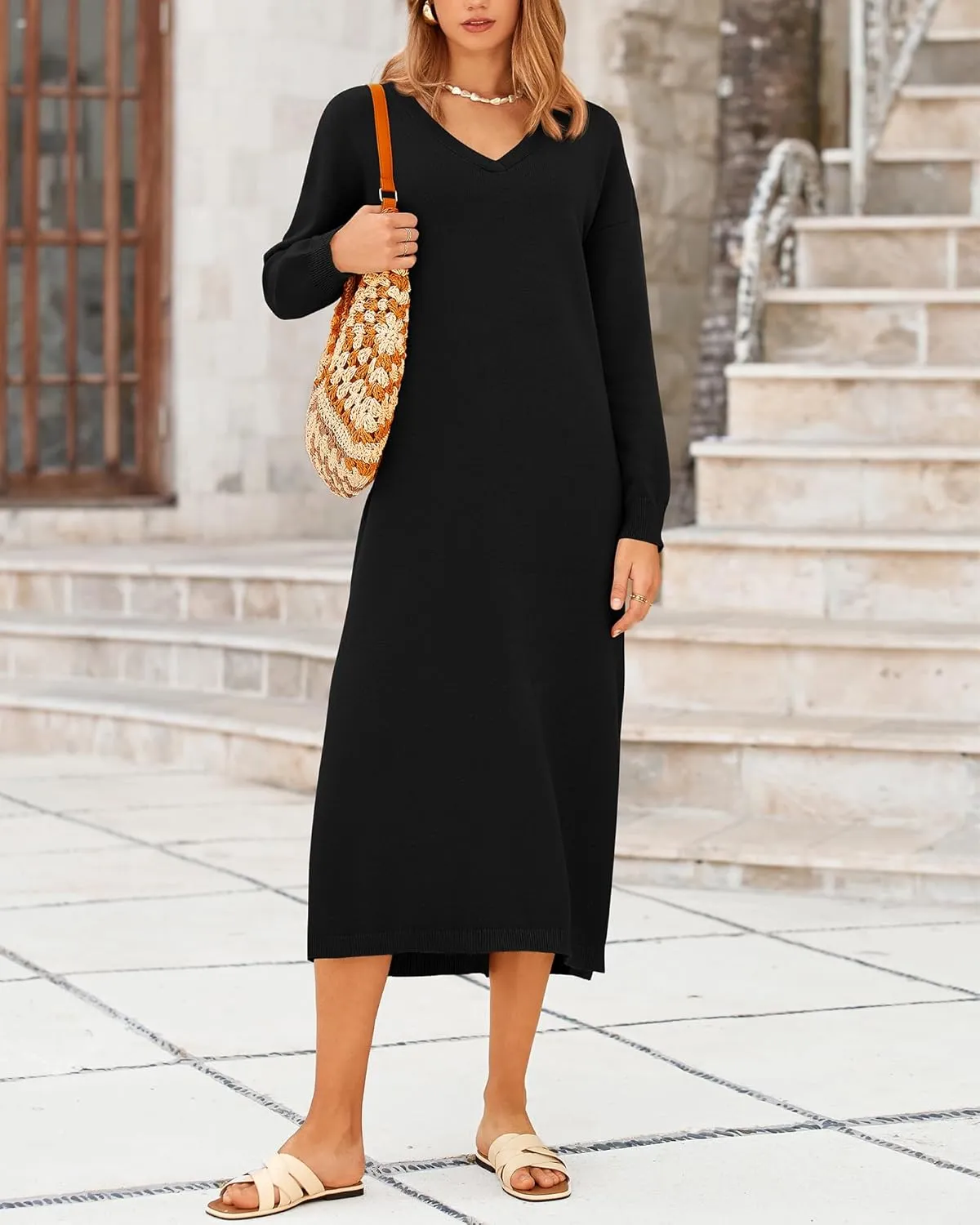 BTFBM Women Fall Sweater Dress Casual V Neck Long Sleeve Slit Knit Oversized Maternity Sweaters Maxi Dresses 2025 Winter