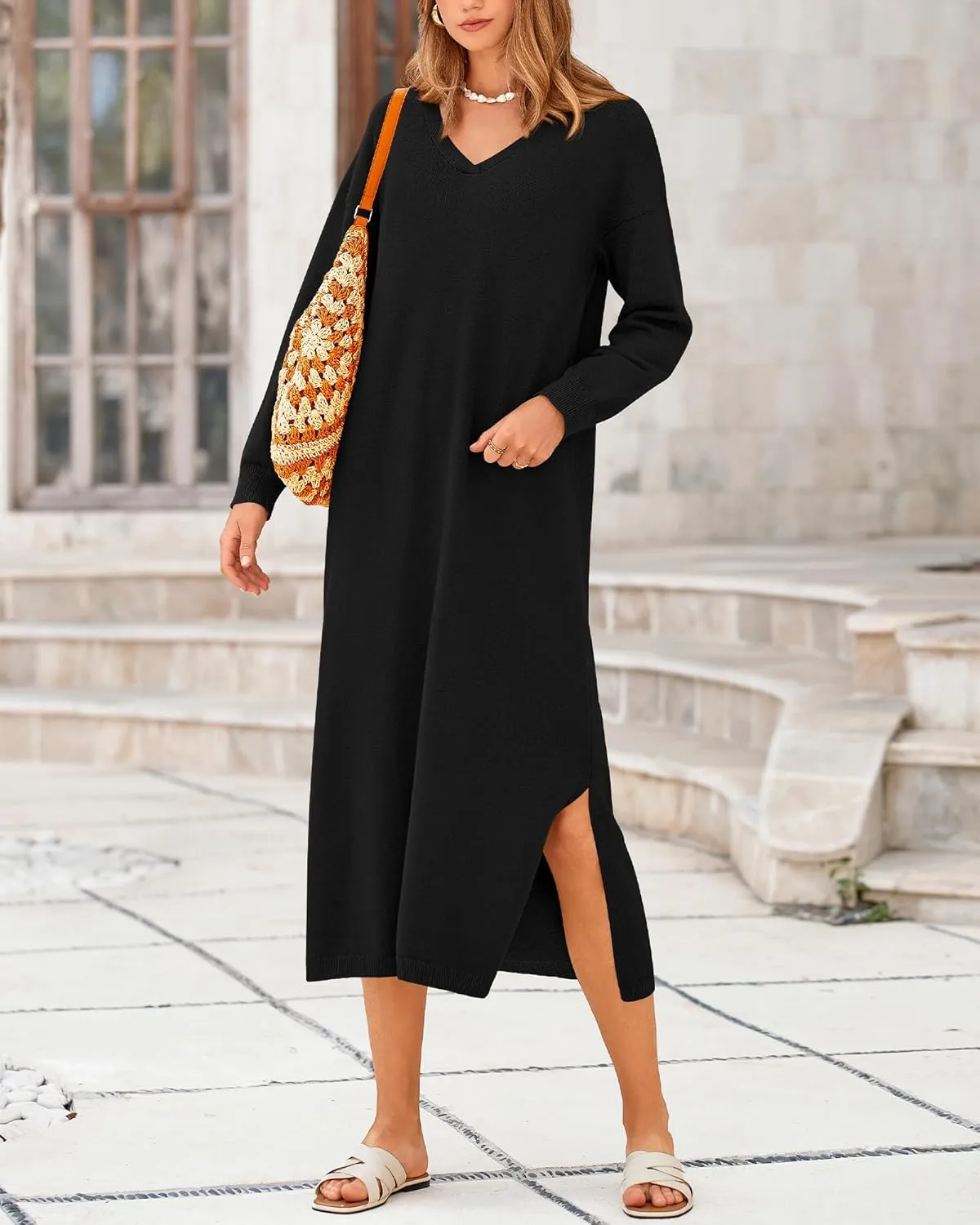 BTFBM Women Fall Sweater Dress Casual V Neck Long Sleeve Slit Knit Oversized Maternity Sweaters Maxi Dresses 2025 Winter