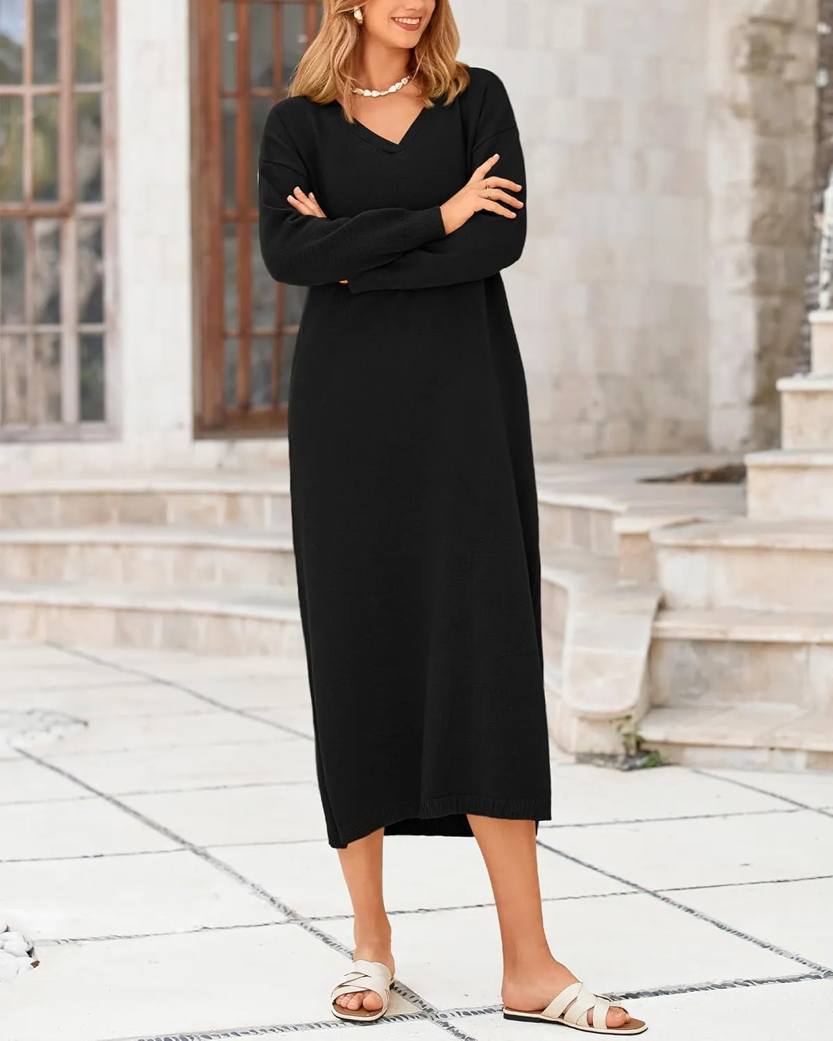 BTFBM Women Fall Sweater Dress Casual V Neck Long Sleeve Slit Knit Oversized Maternity Sweaters Maxi Dresses 2025 Winter