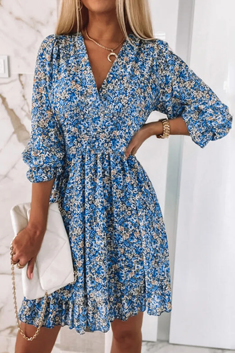 Casual Print Patchwork V Neck Waist Skirt Dresses(6 colors)