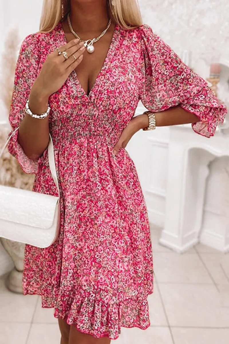 Casual Print Patchwork V Neck Waist Skirt Dresses(6 colors)
