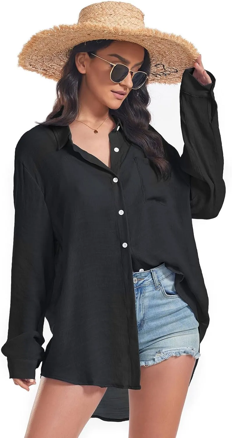 Century Star Womens Button Down Shirts Vacation Outfits Loose Fit Long Sleeve Casual Oversize Collared Blouse