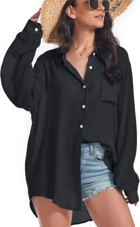 Century Star Womens Button Down Shirts Vacation Outfits Loose Fit Long Sleeve Casual Oversize Collared Blouse