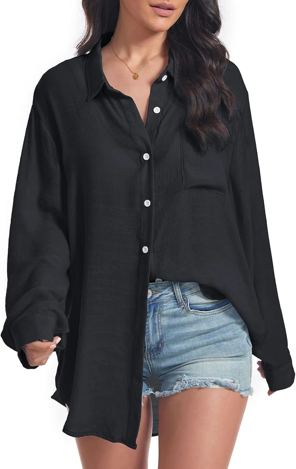 Century Star Womens Button Down Shirts Vacation Outfits Loose Fit Long Sleeve Casual Oversize Collared Blouse