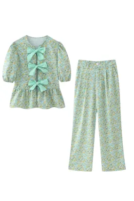 'Charlotte' Bow Tie Print Crop Top & Casual Long Pants (Sold Separately)