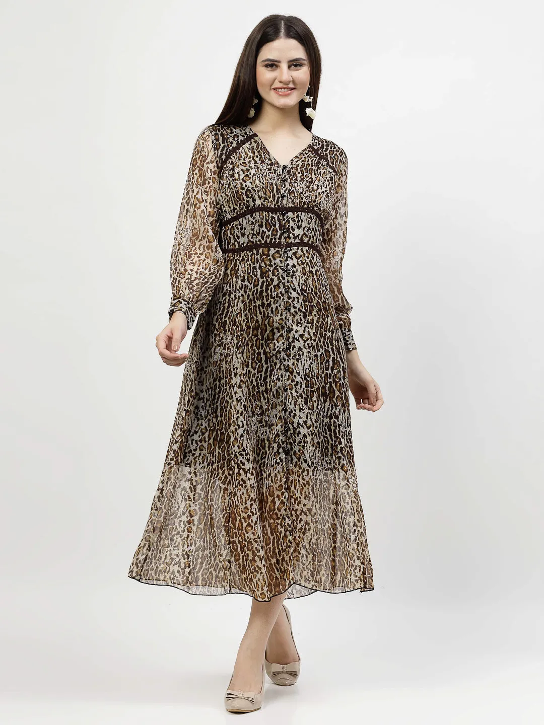 Chiffon Animal Printed A-Line Dress With Lace