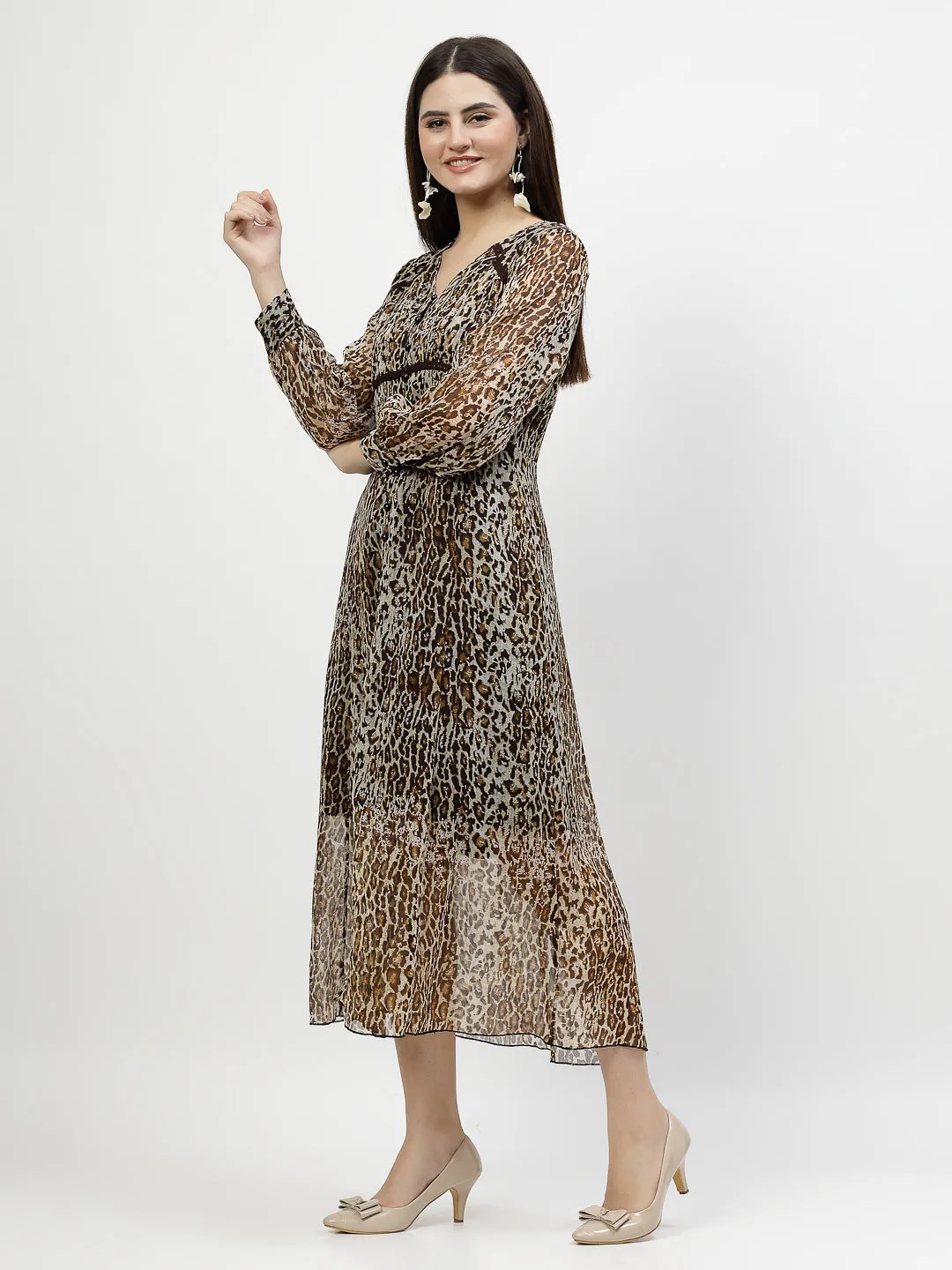 Chiffon Animal Printed A-Line Dress With Lace
