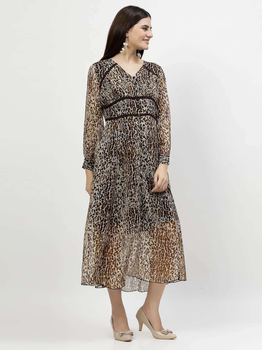 Chiffon Animal Printed A-Line Dress With Lace