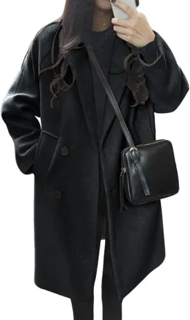 chouyatou Women's Casual Notch Lapel Double Breasted Warm Pea Coat Overcoat