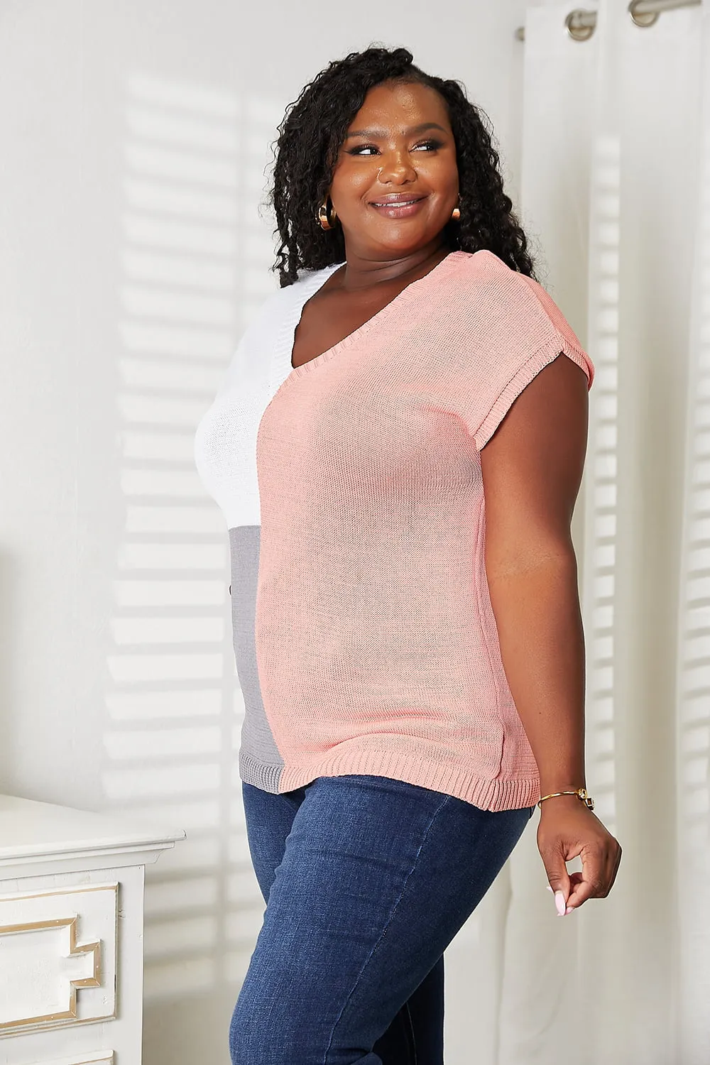 Color Block V Neck Knit Top - 3 colors
