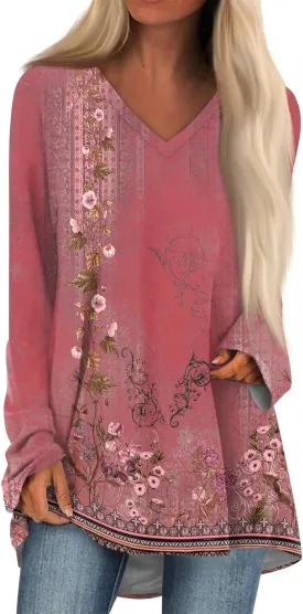 COTECRAM Women Long Sleeve Shirts V Neck Long Loose Fit Tunic Tops Casual Spring Fashion Outfits Trendy Clothes 2025