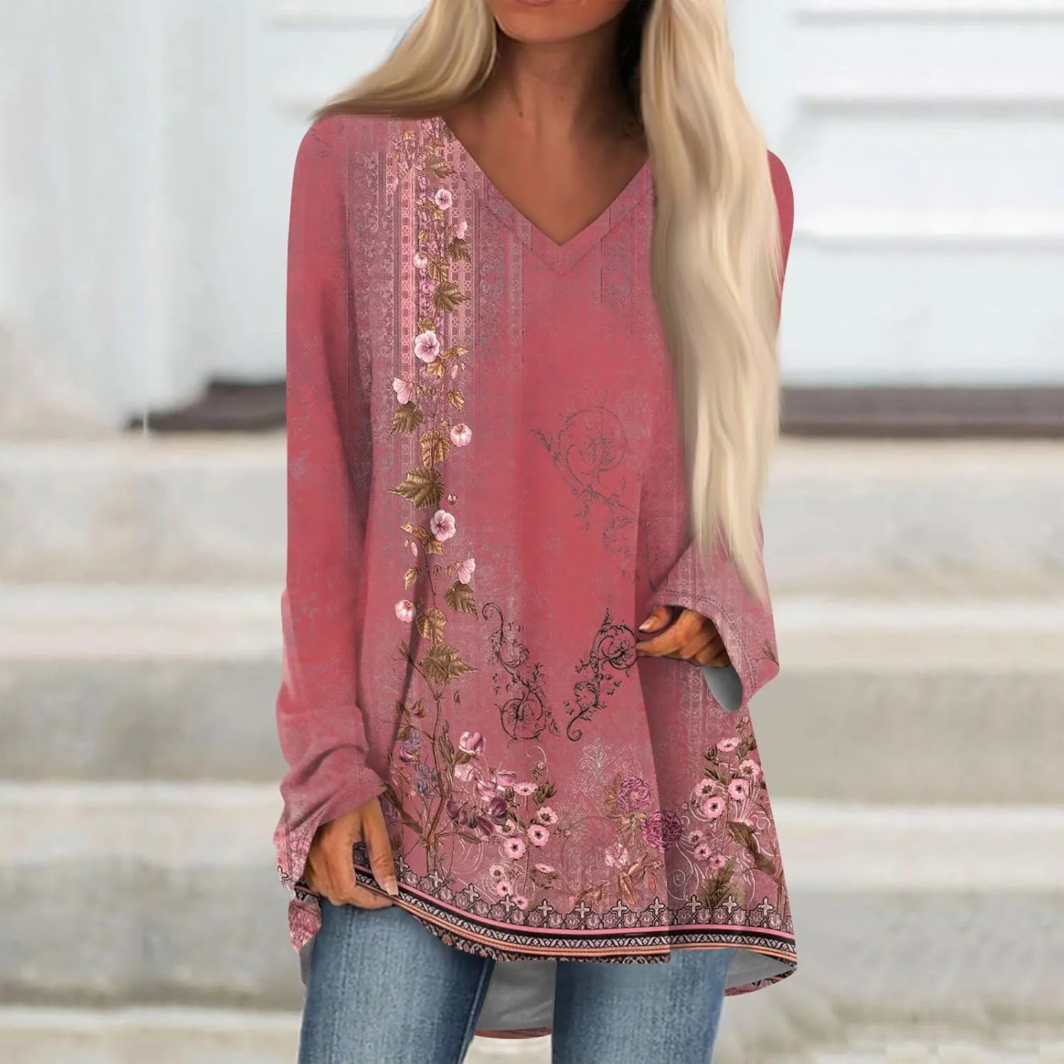 COTECRAM Women Long Sleeve Shirts V Neck Long Loose Fit Tunic Tops Casual Spring Fashion Outfits Trendy Clothes 2025