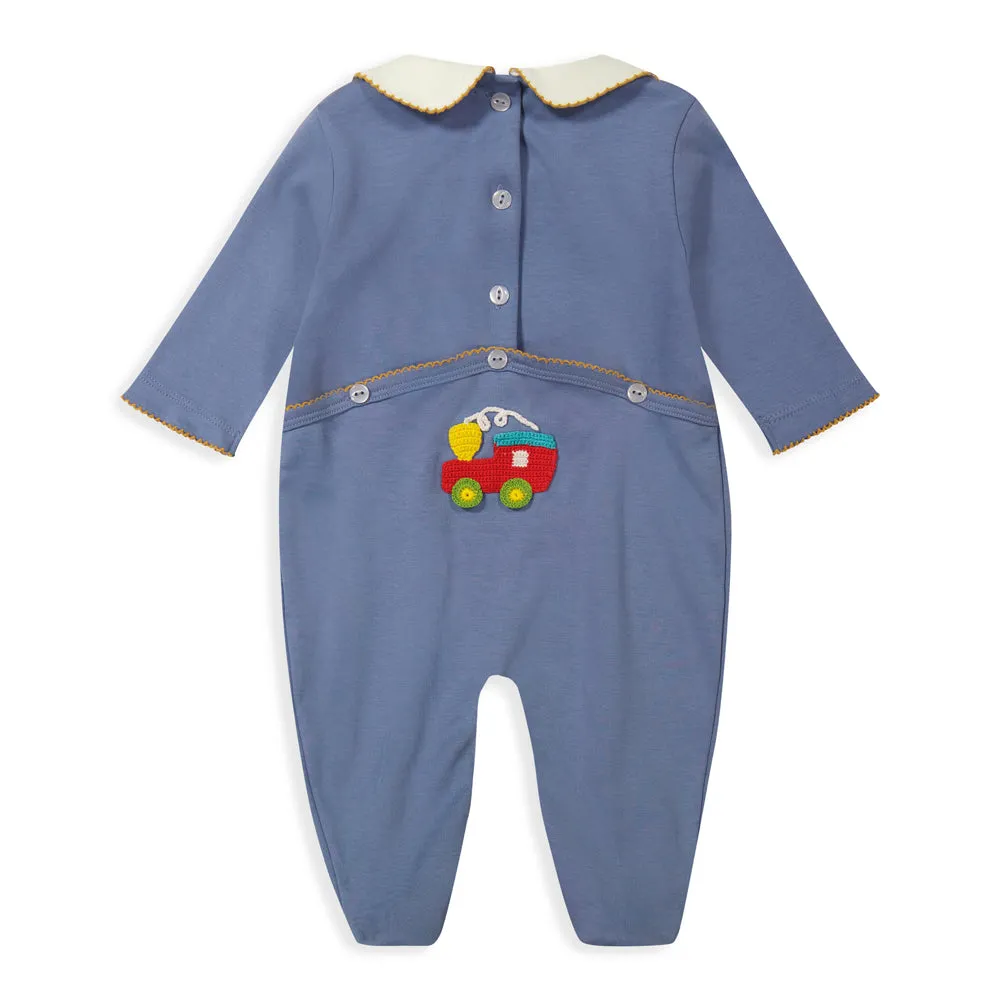 Crochet Caboose Collared Pima Footie -- Steel Blue w/ Train