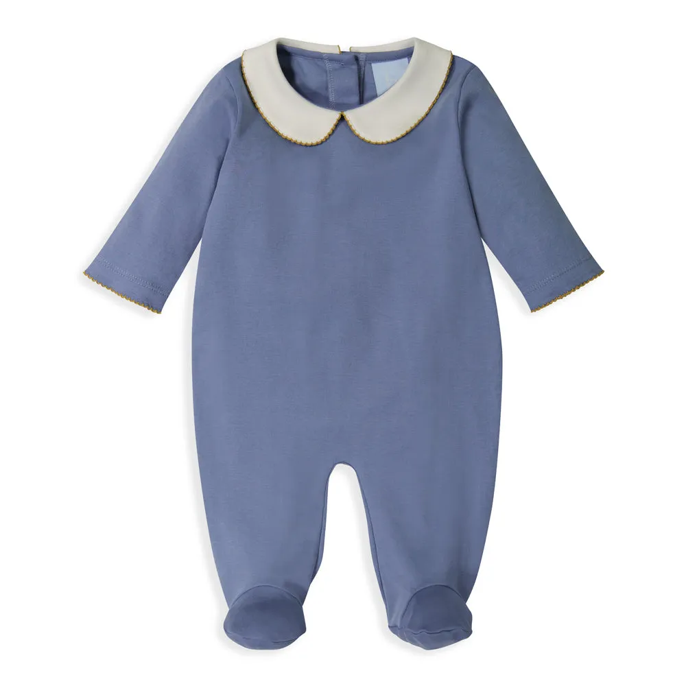 Crochet Caboose Collared Pima Footie -- Steel Blue w/ Train
