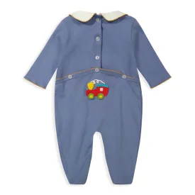 Crochet Caboose Collared Pima Footie -- Steel Blue w/ Train