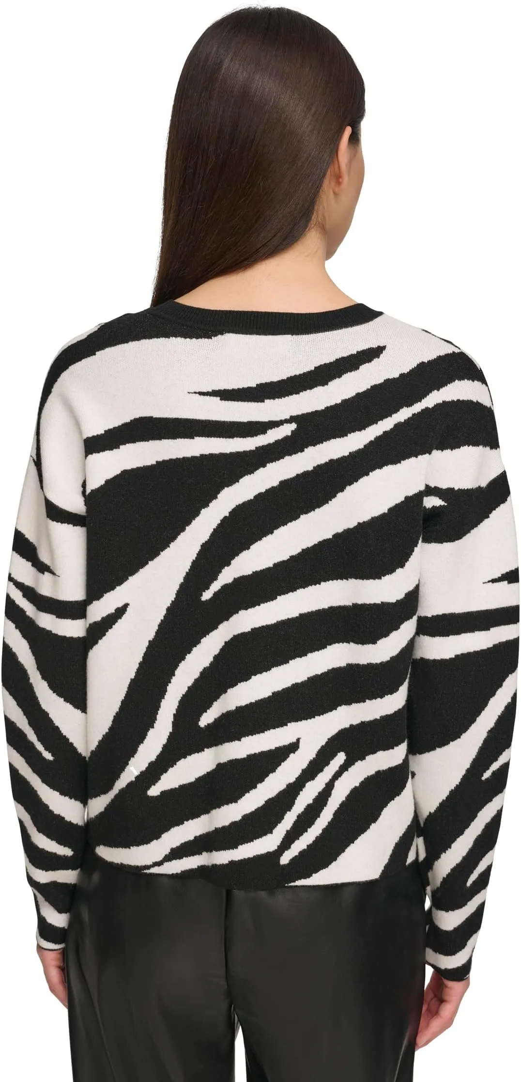DKNY Zebra Crew Neck Long Sleeve Sweater, Ivory/Black