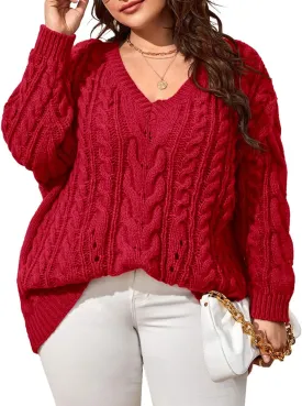 Dyexces Plus Size Sweaters for Women V Neck Long Sleeve Cable Knit Sweaters Casual Fall Sweaters Soft Jumper Tops