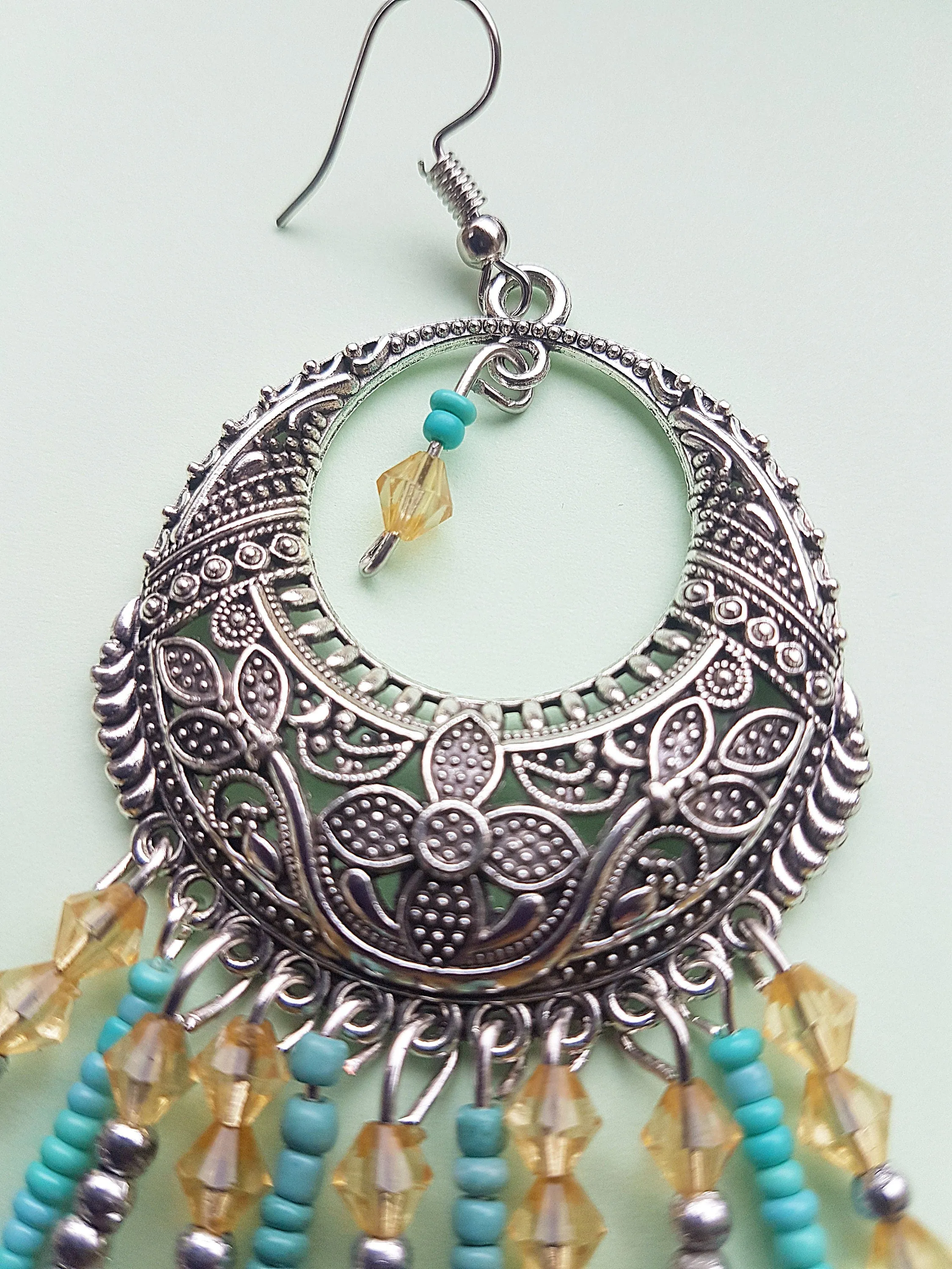 Egyptian Style Blue Orange Bead Silver Earrings