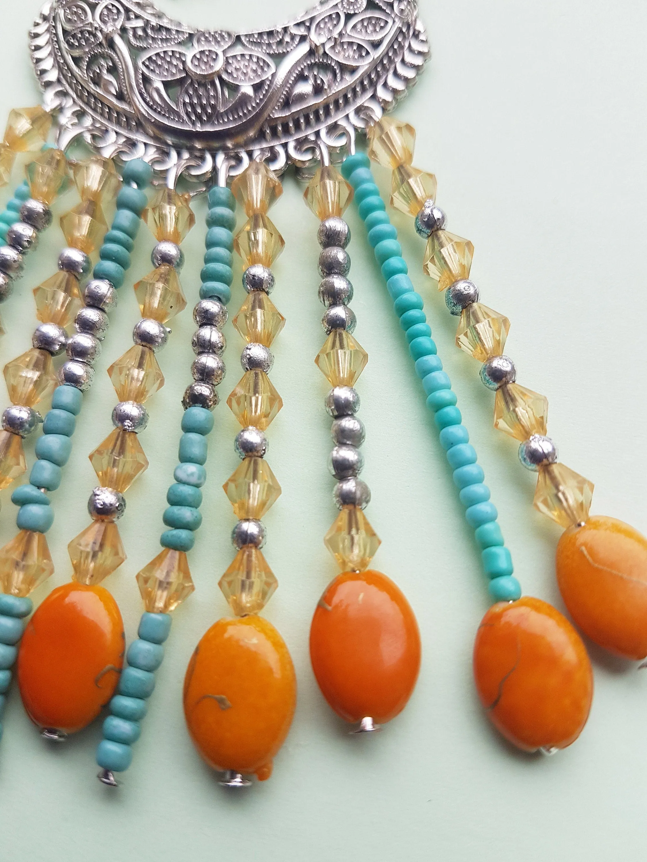 Egyptian Style Blue Orange Bead Silver Earrings