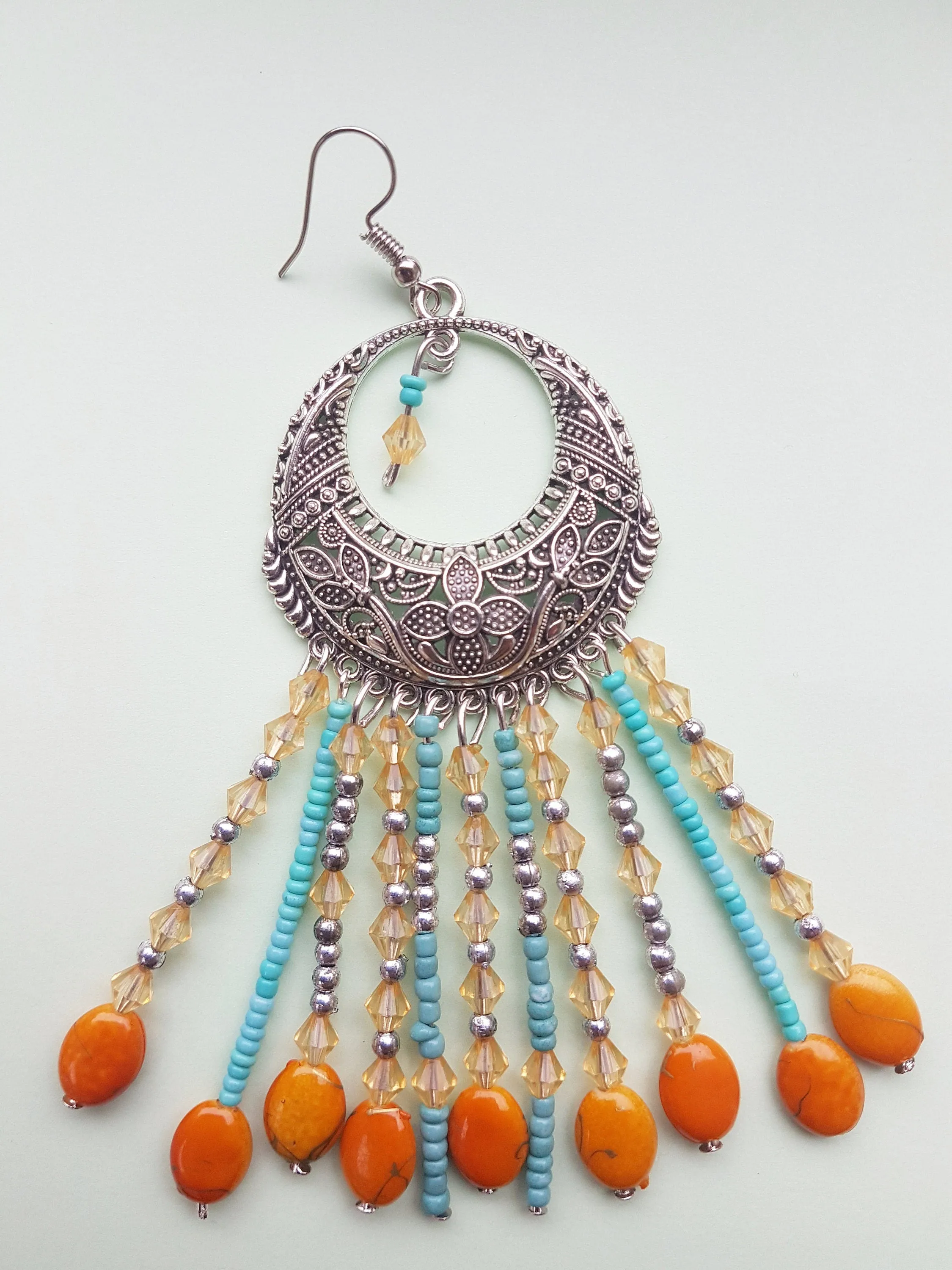Egyptian Style Blue Orange Bead Silver Earrings