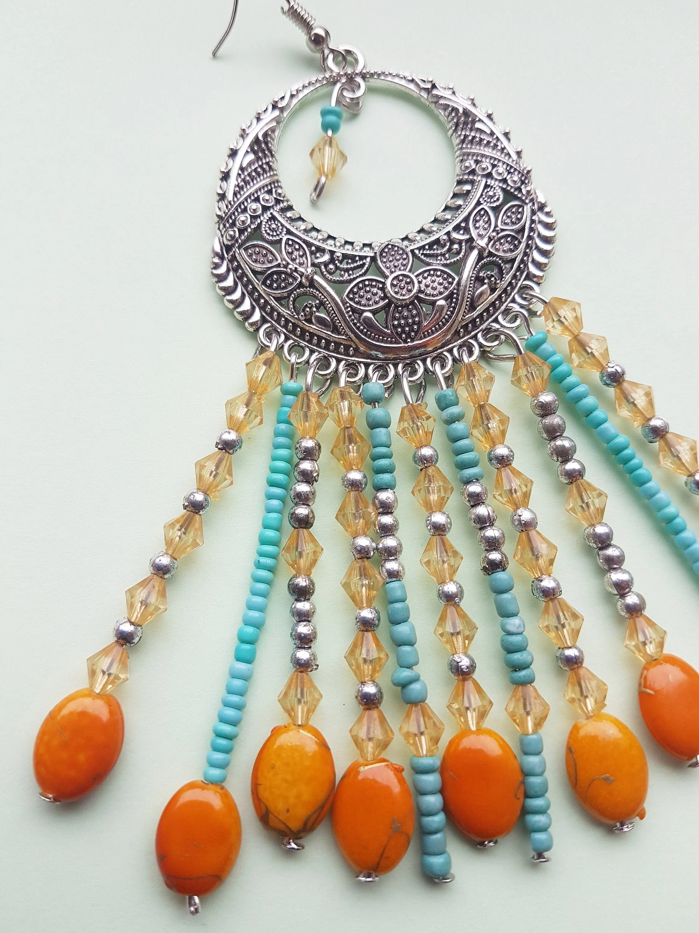 Egyptian Style Blue Orange Bead Silver Earrings