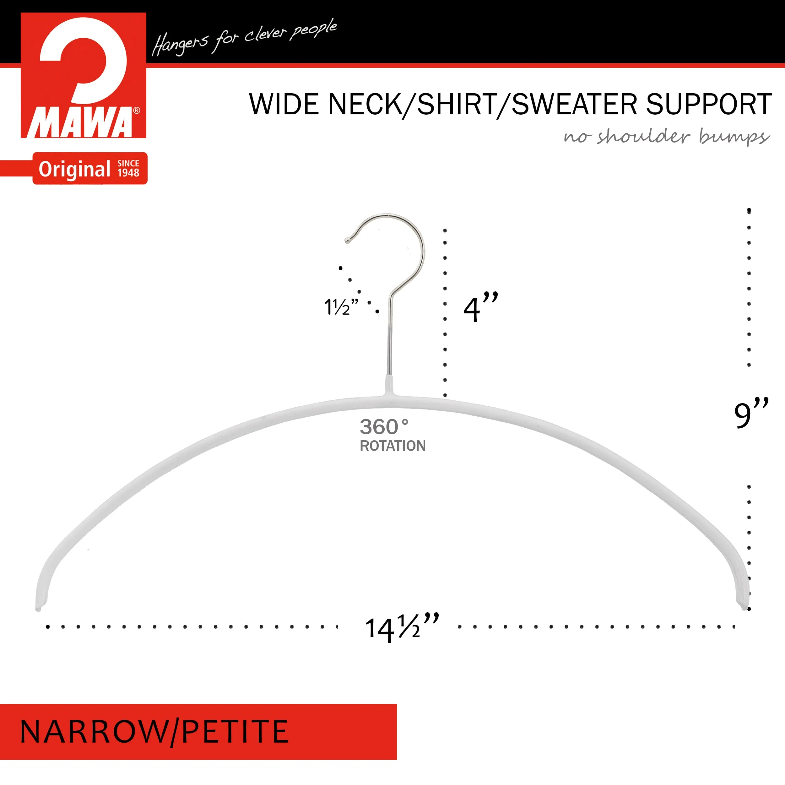Euro Shirt, Sweater, Steel Non-Slip Clothing Hanger, Narrow Width, Model 36-P, White