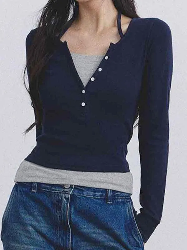 Fake Two Piece Halter Long Sleeve Tee