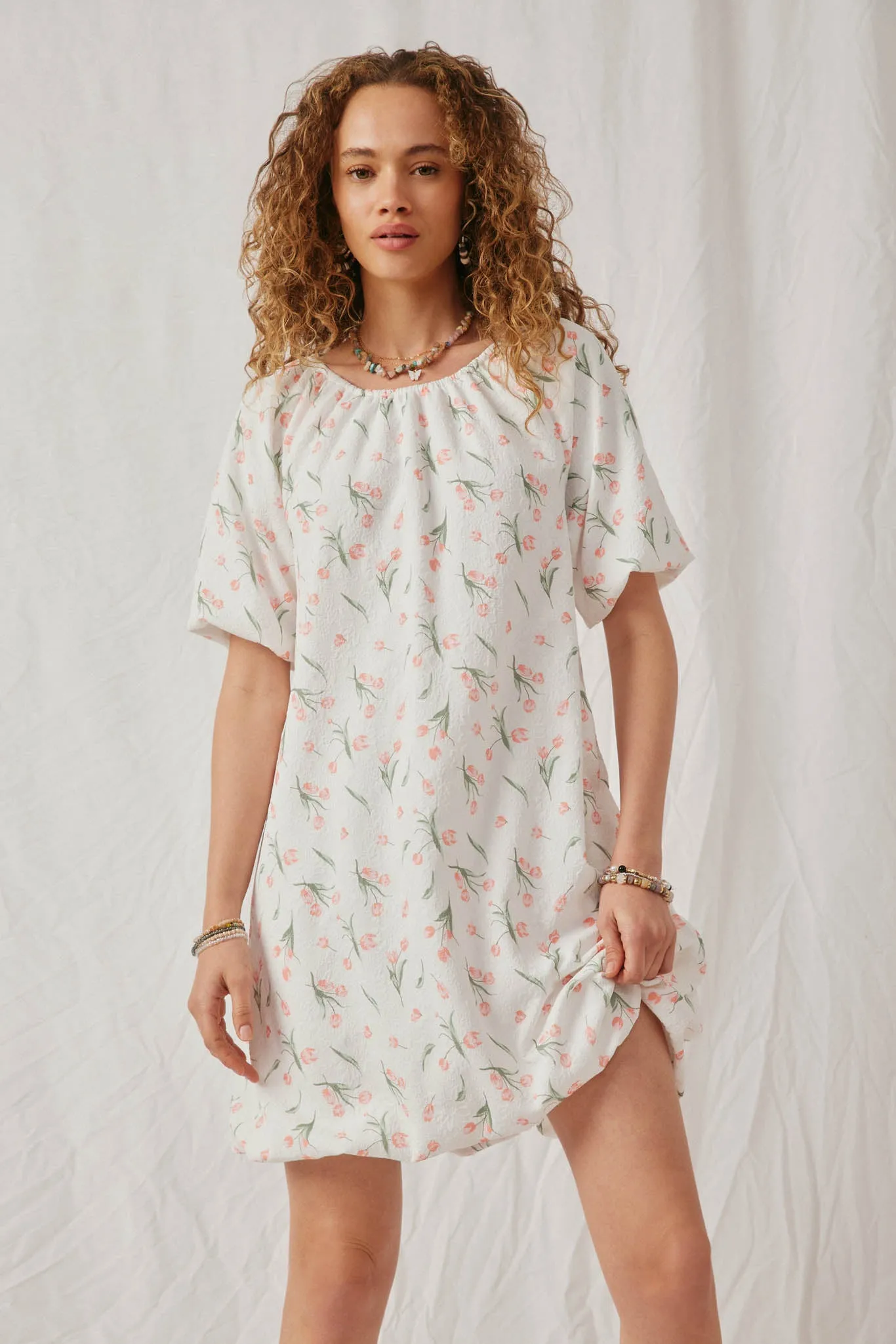Floral Embossed Printed Puff Sleeve Dress