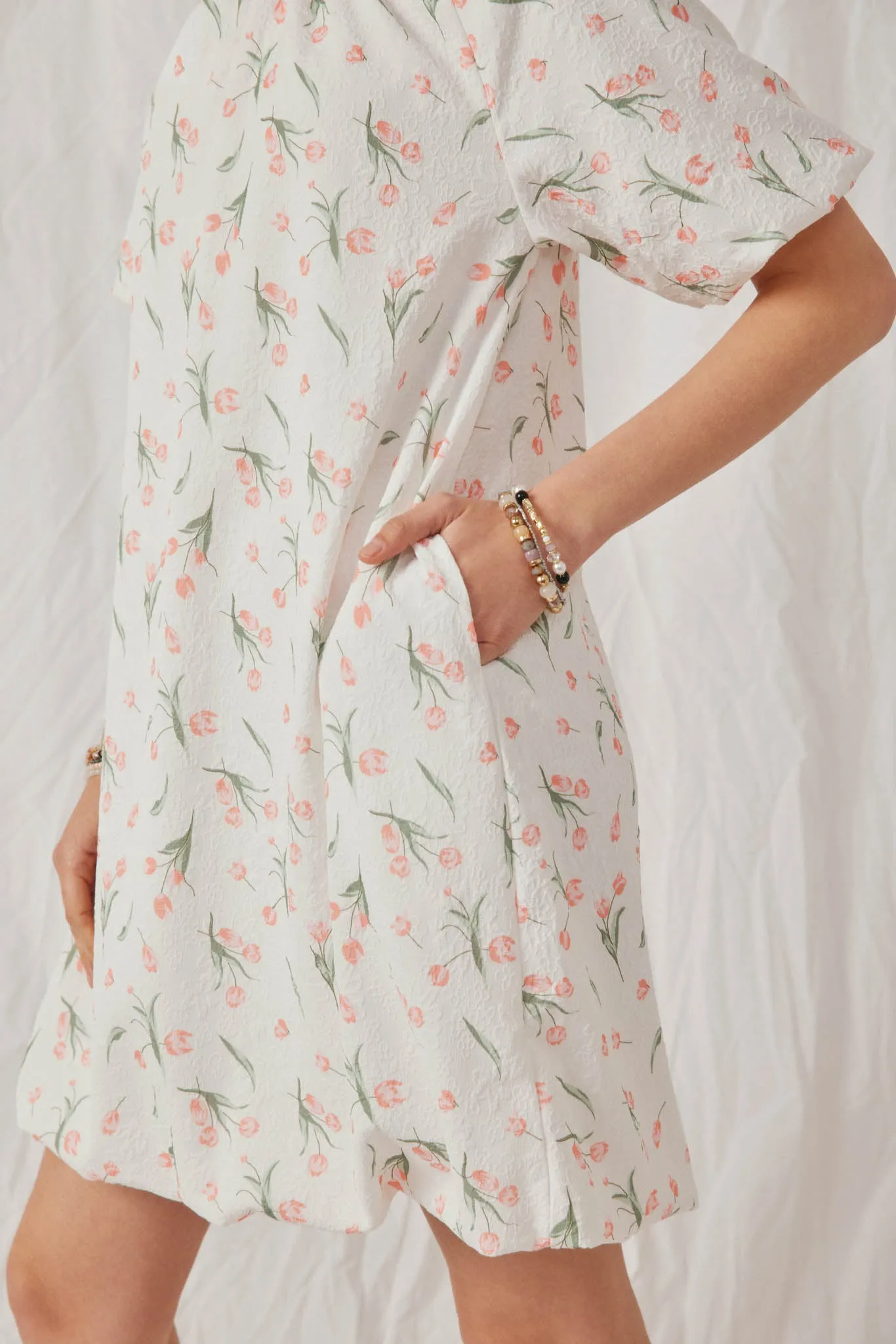 Floral Embossed Printed Puff Sleeve Dress
