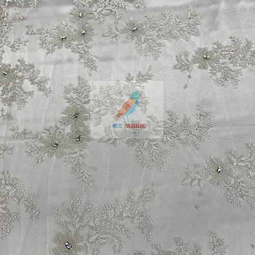 Floral Embroidered Bridal Beaded Mesh Lace Fabric For Prom Dress