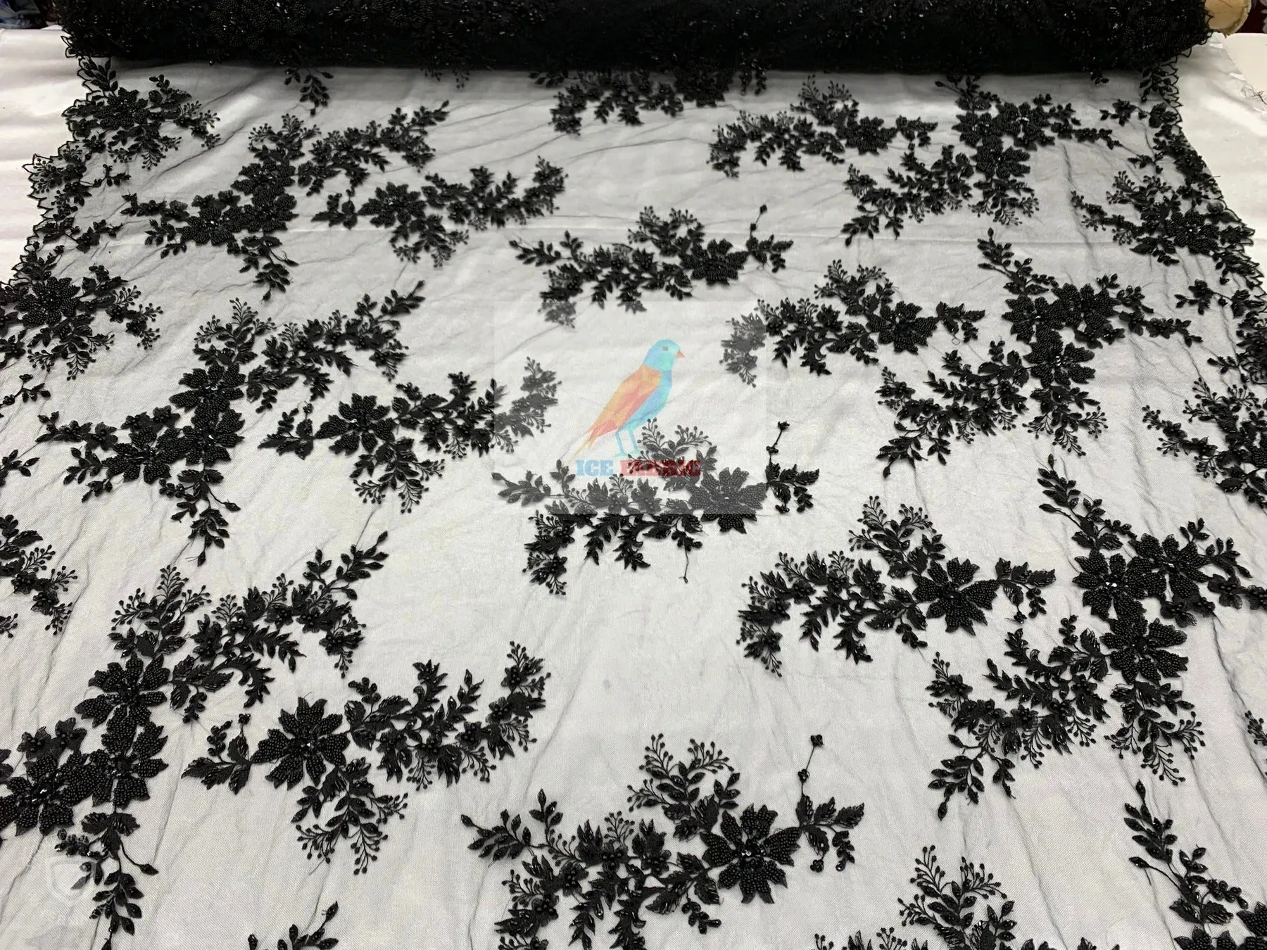 Floral Embroidered Bridal Beaded Mesh Lace Fabric For Prom Dress