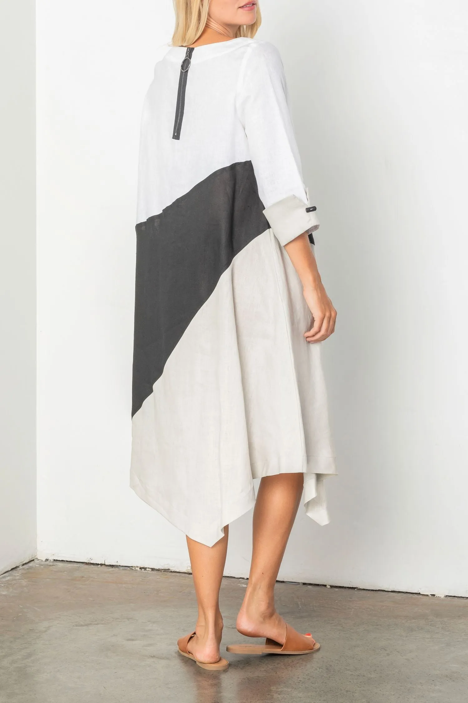 Gray Bateau Neckline Three Tone Linen Dress