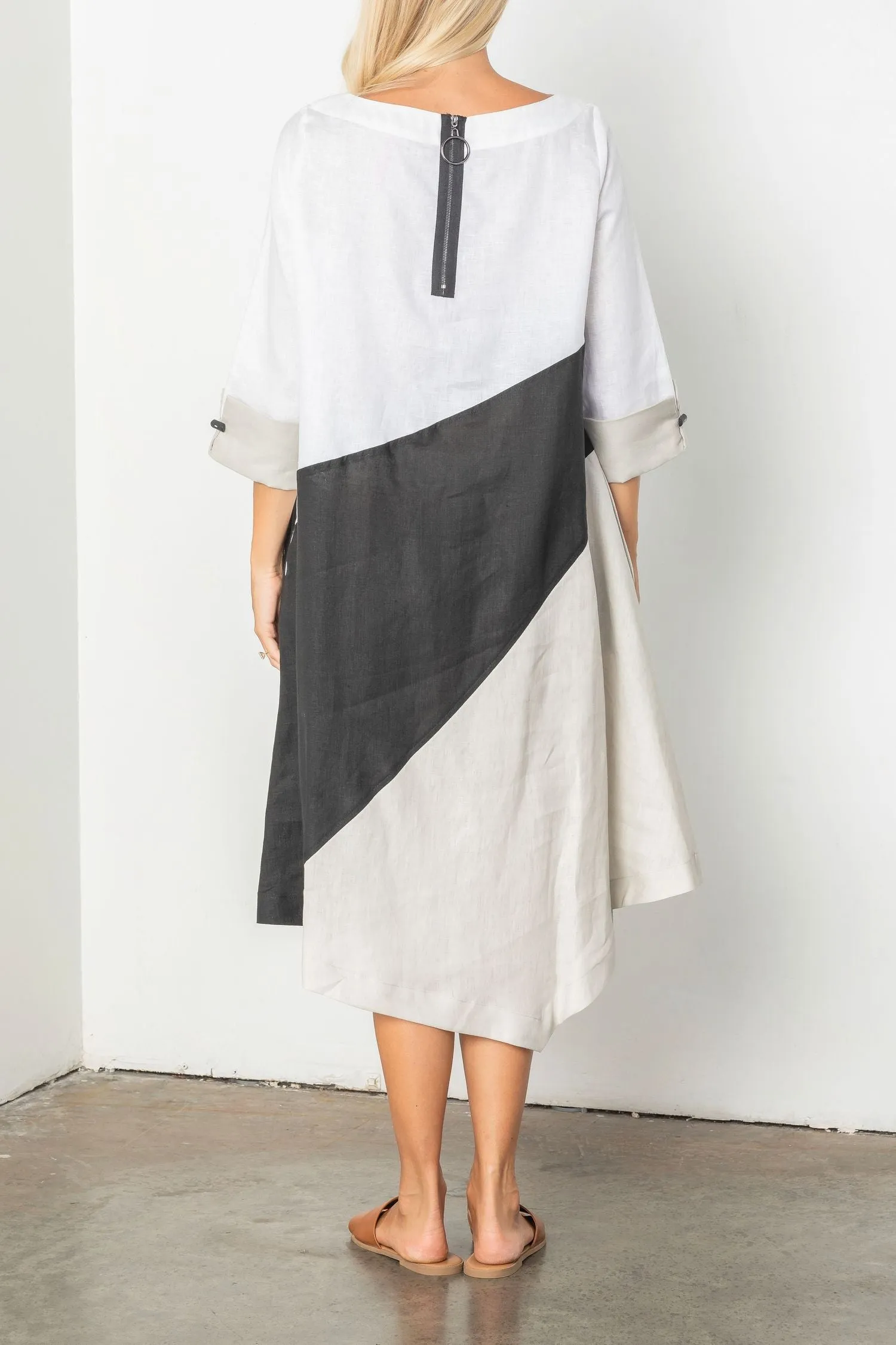 Gray Bateau Neckline Three Tone Linen Dress
