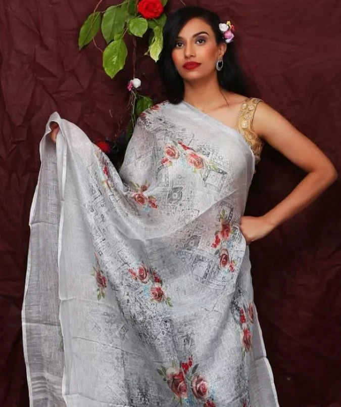 Grey Floral Digital Printed Linen Women Dupatta