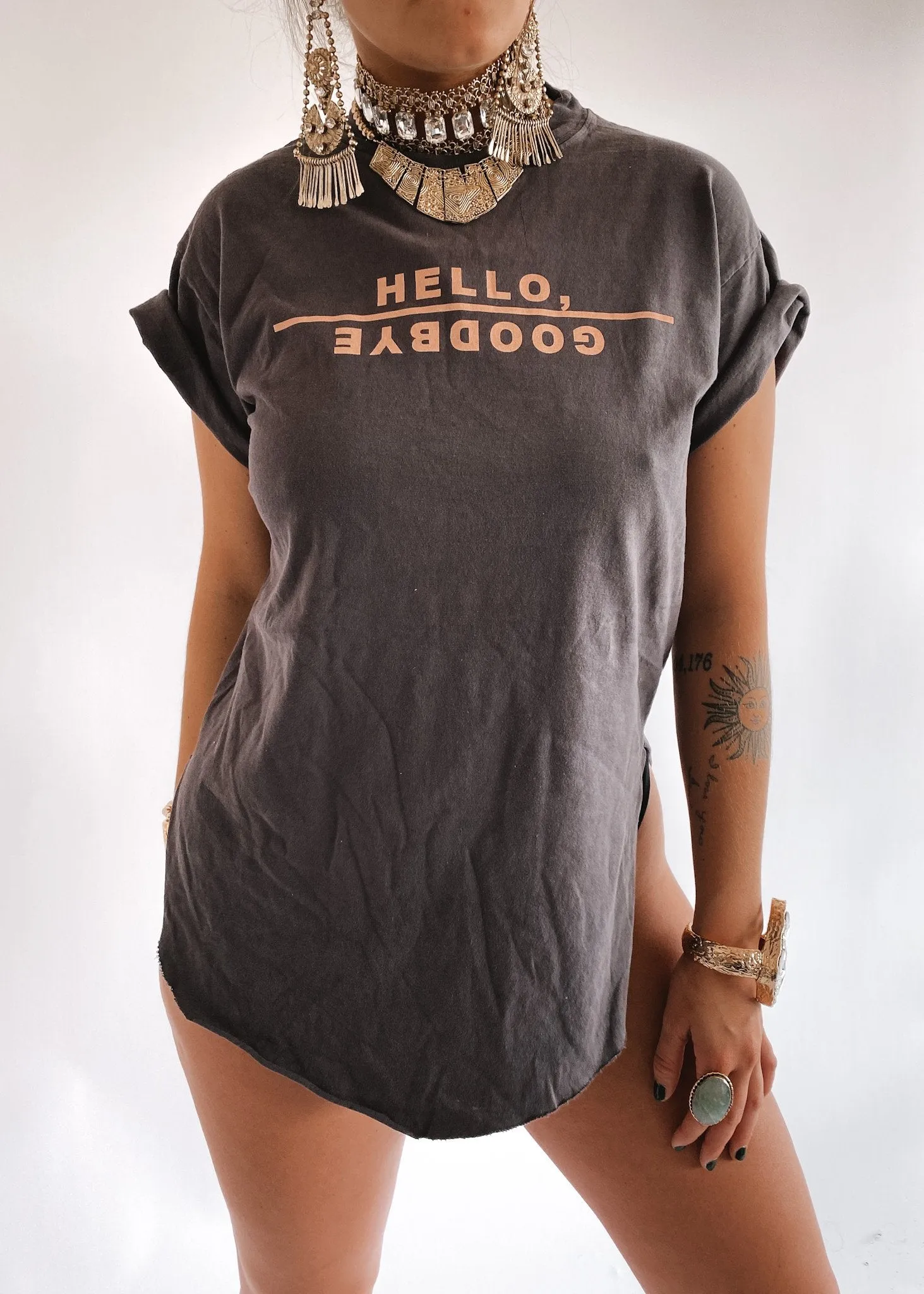 Chic Side Slit Hello Goodbye Graphic Tee
