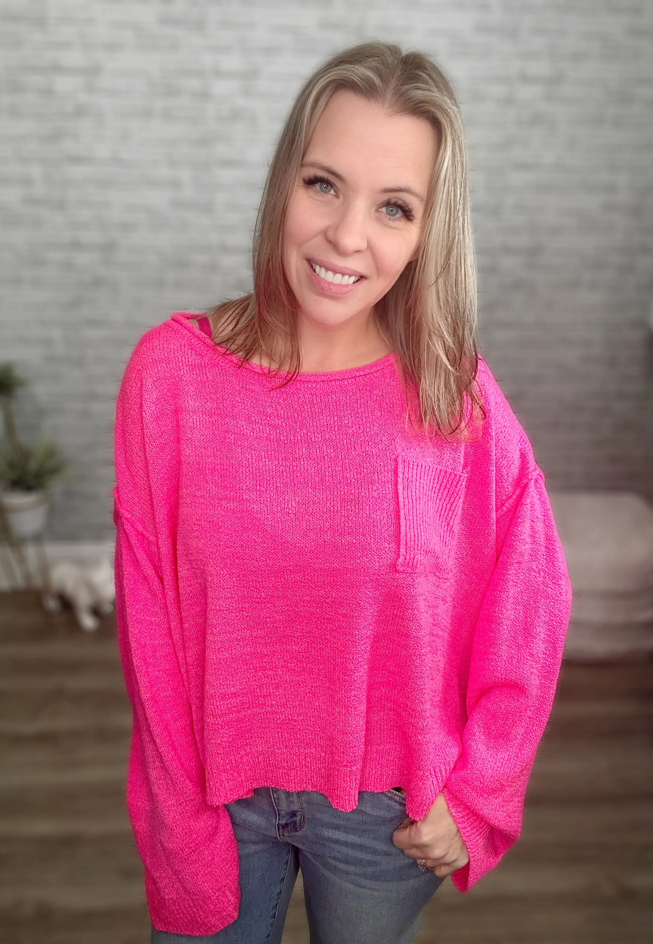 Hot Pink Lightweight Wide Neck Sweater