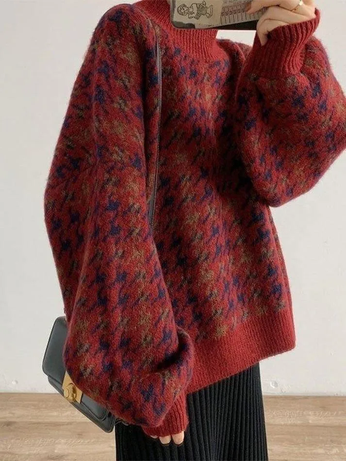 Houndstooth Checkered Knit Sweater