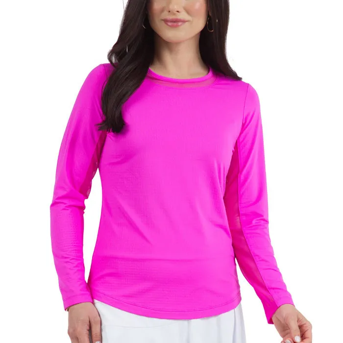 IBKUL Womens Hot Pink Long Sleeve Solid Crew Neck Top
