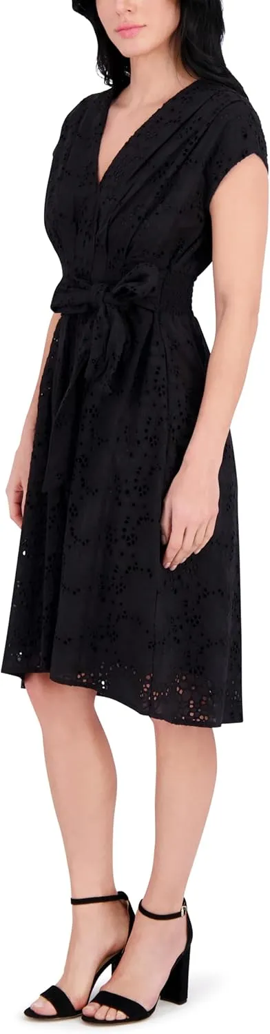 kensie Women's Short Sleeve V-Neck Belted Midi Dress